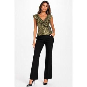 Cache Y2K Metallic Olive Green Ruffled Top V Neck Sleeveless Party Blouse 10